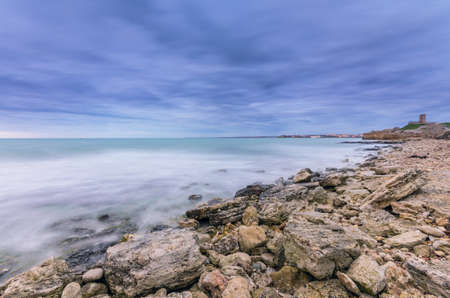 stunning  twillight view over the rocky seacostの写真素材