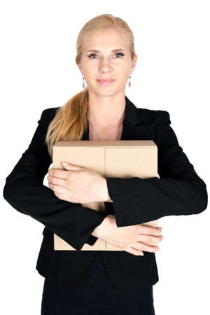 Caucasian businesswoman hold box isolatedの写真素材