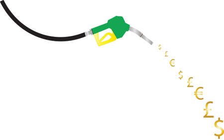 A Petrol Pump Nozzle pouring dollar euro and pound symbols concept of rising fuel pricesのイラスト素材