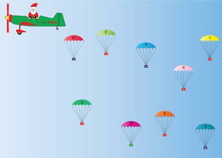 Vector Image of Father Christmas in a Green and Red Plane dropping Presents on Parachutes suitable for Gift Wrap or Greetings Cardsのイラスト素材