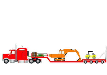 Vector Image ofa RedLowload Semitrailer and  Truck with a sleeper cab loaded with an Excavator and Road Roller as loadのイラスト素材
