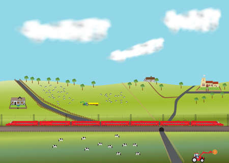 A High Speed Train travelling through farmland with old Church and  thatched cottagesのイラスト素材