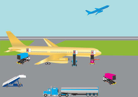 An Airliner being serviced with Hi Lift Vehicles Fuel Tanker and Stairsのイラスト素材