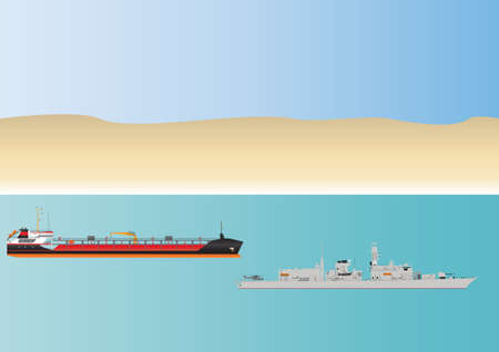 An Oil Tanker and escorting Warship in Dangerous Pirate Infested Watersのイラスト素材