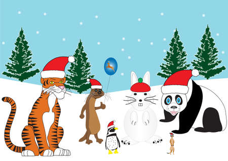 A Tiger,Otter,Penguin and a Meerkat in Santa Hats with a Snowman Rabbit and Snowy Background with Xmas Treesのイラスト素材