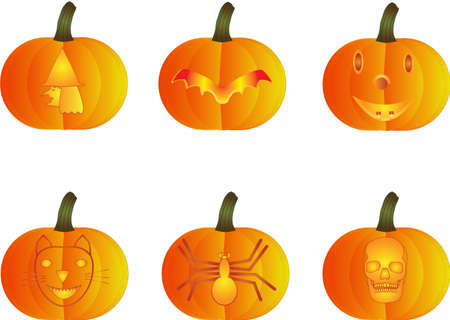 A Witch,Bat,Smiling Face,Cat,Spider and Skull Halloween Pumpkinsのイラスト素材