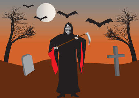 The Grim Reaper in a Graveyard with Bats and Withered Treesのイラスト素材