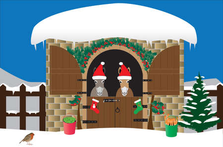 Two Donkeys in Santa Hats in a snow covered stable decorated with holly and a xmas treeのイラスト素材
