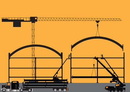  Silhouette of a Construction Site with Tower Crane Cherry Pickers Mobile Crane and Semi Trailer Loaded with Girdersのイラスト素材