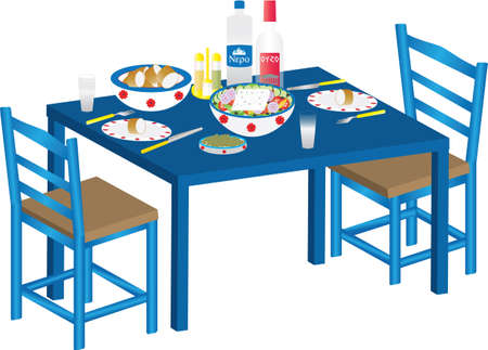 A Meal of Greek Salad, Olives,Bread and Ouzo on a Blue Tableのイラスト素材