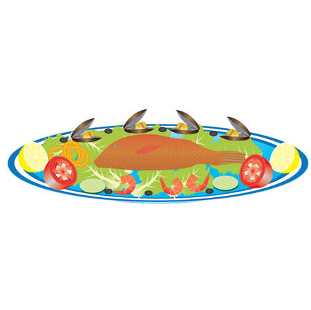 A Platter of Fish,Prawns,Mussels,Squid Rings,Lemon,Tomatoes and Saladのイラスト素材