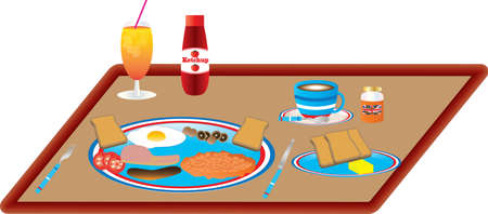 An English Breakfast of Eggs,Bacon,Sausage,Baked Beans,Tomatoes,Mushrooms And Toast with Orange Juice and Coffeeのイラスト素材
