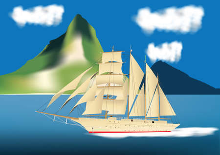 A Four Masted Sailing Ship sailing past a Tropical Islandのイラスト素材
