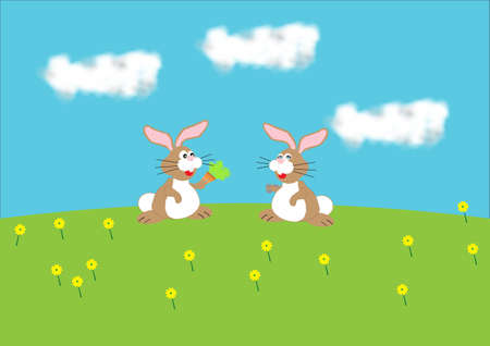 A boy bunny giving a girl bunny a bunch of carrots in a field of daffodilsのイラスト素材