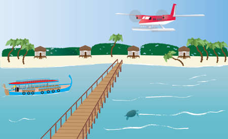 A Floatplane landing at an Island in the Maldives with a Dhoni boat,bungalows and a Jettyのイラスト素材