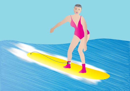 An Older Woman surfing on a yellow surf boardのイラスト素材