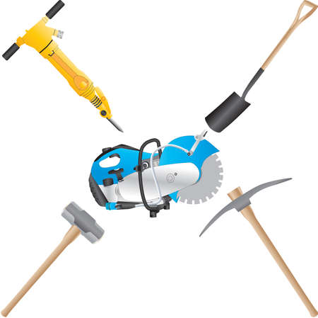 A Jack Hammer,Stone Saw,Shovel,Pickaxe,and Sledge Hammerのイラスト素材