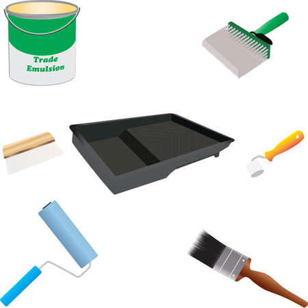 Painters Tools Brushes, Paint Roller,Roller Tray,Wallpaper Brush,Seam Roller,Paste Brush and Paint Canのイラスト素材