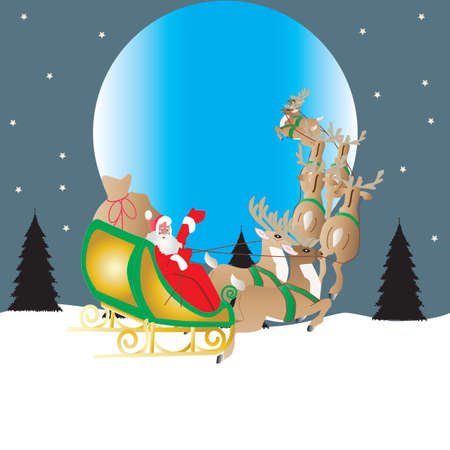 Santa and his reindeer drawn sleigh flying in front of the moon with a star filled sky backgroundのイラスト素材