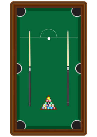 A Pool Table with two cues,cueball, and balls in a rackのイラスト素材