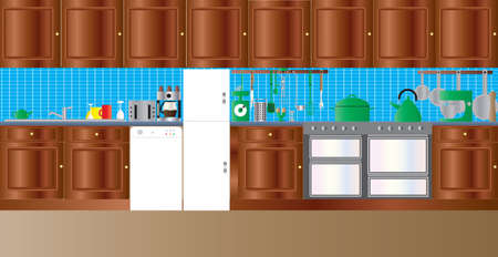 A Fitted Kitchen with sink, dishwasher,freezer,oven and various kitchen utensilsのイラスト素材