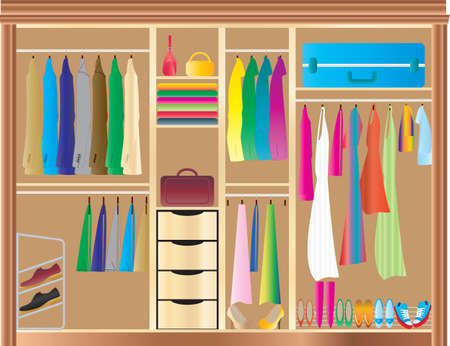 A Fitted Wardrobe filled with mans and womans clothes,shoes,handbags and luggageのイラスト素材