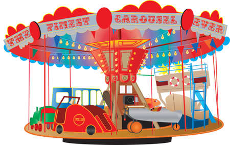 A Vintage Fairground Roundabout or Carousel with a fire engine,airplane,ship,bus,steam engine and a car isolated on white.のイラスト素材