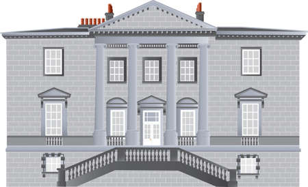 An English Country House built in the Palladian Style with ionic pillars and portico and an ornate staircase isolated on whiteのイラスト素材