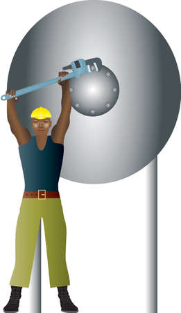 An Engineer undoing bolts on a pressure vessel with a wrenchのイラスト素材