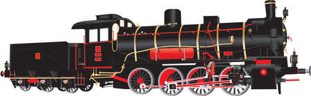 A Detailed vector illustration of Black and Red Vintage Eight Wheeled Steam Freight Tender Locomotive with brass fittingsのイラスト素材