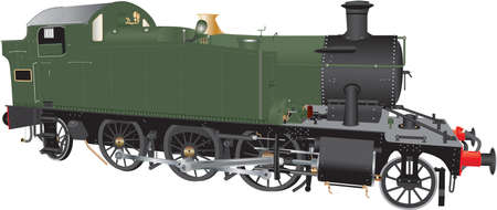 A detailed illustration of a vintage green and black ten wheeled steam freight locomotive.のイラスト素材