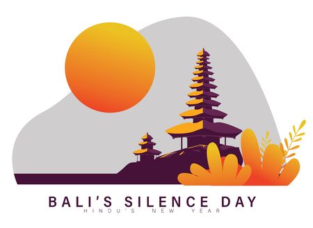 Happy Silence Day and Hindu's New Year vector illustration flat design template, Bali temple with simple bright sky landscape papercut, Indonesia heritage and culture, Tropical Island in Indonesiaのイラスト素材