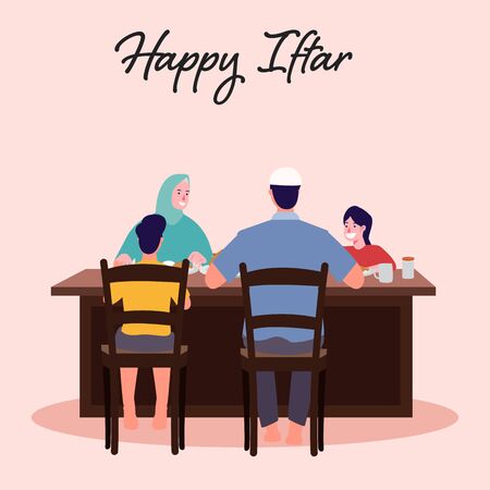 Suhoor and Iftar Party with Family During Ramadan Month Vector Illustration, Happy Fasting For Moslem, Eat Together With Moslem Family, Ramadhan kareem and Eid Mubarakのイラスト素材