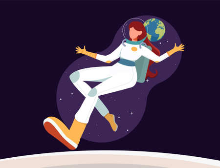 Female Astronout Flying in Space Flat Design Concept, Woman Astronout in White Spacesuit with Earth Background Vector Illustrationのイラスト素材
