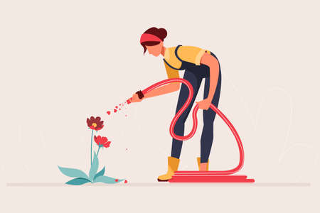 Young Woman Watering Flower with Water Hose Flat Design Concept, Young Female Gardening Vector Illustrationのイラスト素材