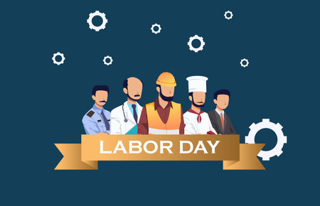 Happy Labor Day Vector Illustration with Labor Character and US Flag. Suitable for Template Poster, Banner, Flyer, Greeting Card etcのイラスト素材