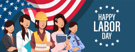 Happy Labor Day Vector Illustration with Labor Character and US Flag. Suitable for Template Poster, Banner, Flyer, Greeting Card etcのイラスト素材