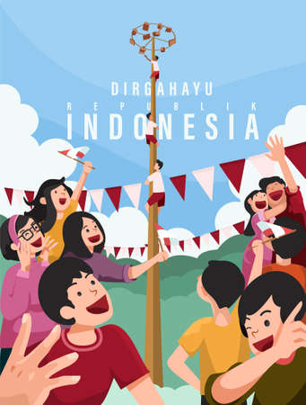 Translation : Happy Independence Day of Indonesia Vector Illustration with Traditional Games of Independence Day. Suitable for Template Poster Banner Design.のイラスト素材