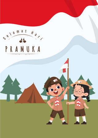 Happy Scout Day August 14 Indonesian Festival Day. Selamat Hari Pramuka. Vector Illustration. Boy and girl Student celebrate pramuka day.のイラスト素材