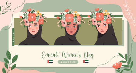Emirates Women's Day Design with Female with Hijab Vector Illustration. Emirati Womens Day Template Suitable for Poster Banner Flyer Background. UAE Women's Day August.のイラスト素材