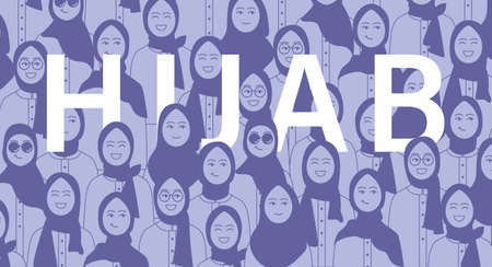 Set of stylish and trendy hijab woman hand-drawn. Modern  faces fashion hijab girl perfect for social media template and wallpaper. seamless pattern group of hijab girl muslimのイラスト素材