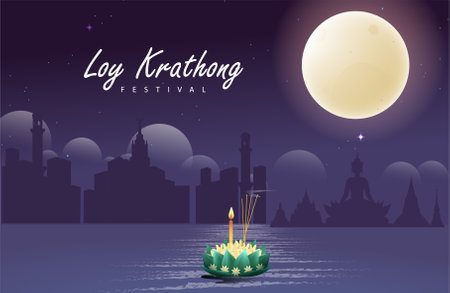 Loy krathong Festival Travel Thailand Poster Design Background Vector Illustration.  Chao Phraya River Holy Place in Thailand Background.のイラスト素材
