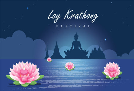 Loy krathong Festival Travel Thailand Poster Design Background Vector Illustration.  Chao Phraya River Holy Place in Thailand Background.のイラスト素材