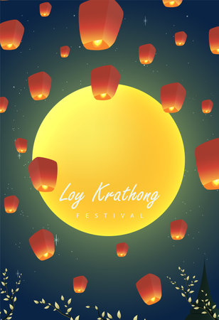 Loy krathong Festival Travel Thailand Poster Design Background Vector Illustration.  Chao Phraya River Holy Place in Thailand Background.のイラスト素材