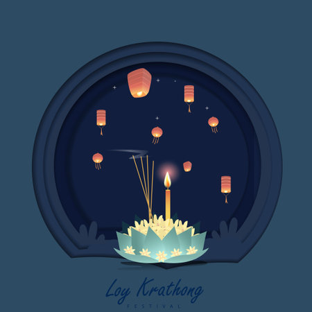 Loy krathong Festival Travel Thailand Poster Design Background Vector Illustration.  Chao Phraya River Holy Place in Thailand Background.のイラスト素材