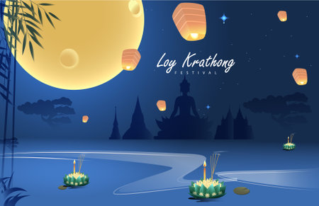 Loy krathong Festival Travel Thailand Poster Design Background Vector Illustration.  Chao Phraya River Holy Place in Thailand Background.のイラスト素材