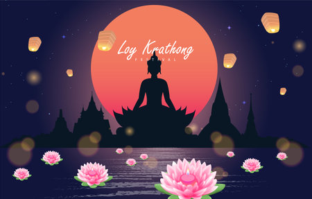 Loy krathong Festival Travel Thailand Poster Design Background Vector Illustration.  Chao Phraya River Holy Place in Thailand Background.のイラスト素材