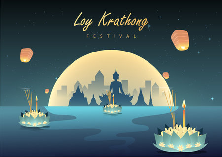 Loy krathong Festival Travel Thailand Poster Design Background Vector Illustration.  Chao Phraya River Holy Place in Thailand Background.のイラスト素材