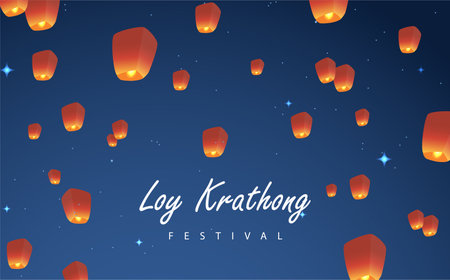 Loy krathong Festival Travel Thailand Poster Design Background Vector Illustration.  Chao Phraya River Holy Place in Thailand Background.のイラスト素材