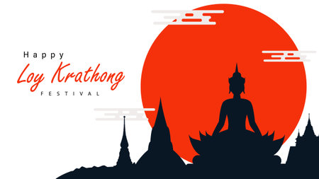 Loy krathong Festival Travel Thailand Poster Design Background Vector Illustration.  Chao Phraya River Holy Place in Thailand Background.のイラスト素材